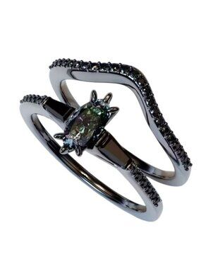 Marquise Cut Alexandrite Engagement Wedding Stacked 2 Ring Set in Rhodium